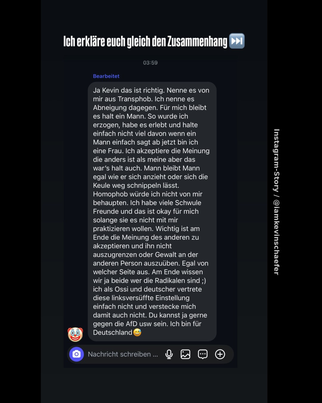 Kevin Schäfer macht transfeindliche Chat-Nachricht eines Bekannten öffentlich