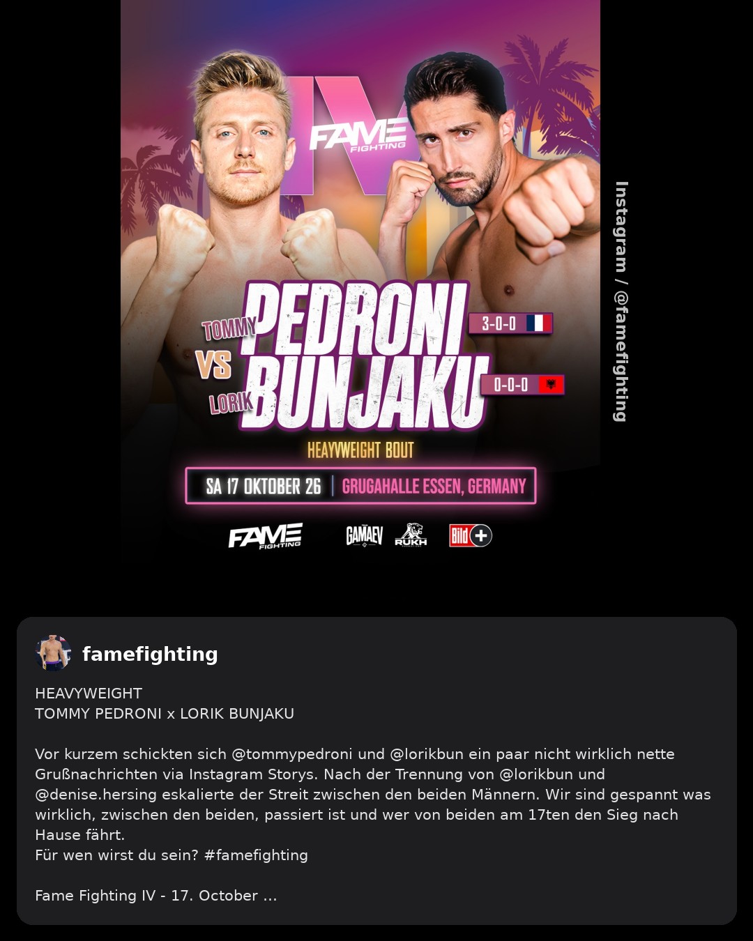 Der nächste Kampf für ‚Fame Fighting IV‘ steht fest„: Tommy Pedroni trifft auf Lorik Bunjaku